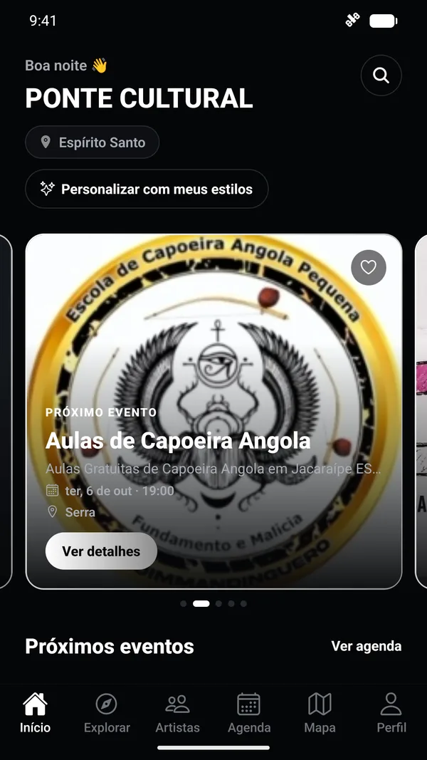 Tela inicial com o próximo evento em destaque