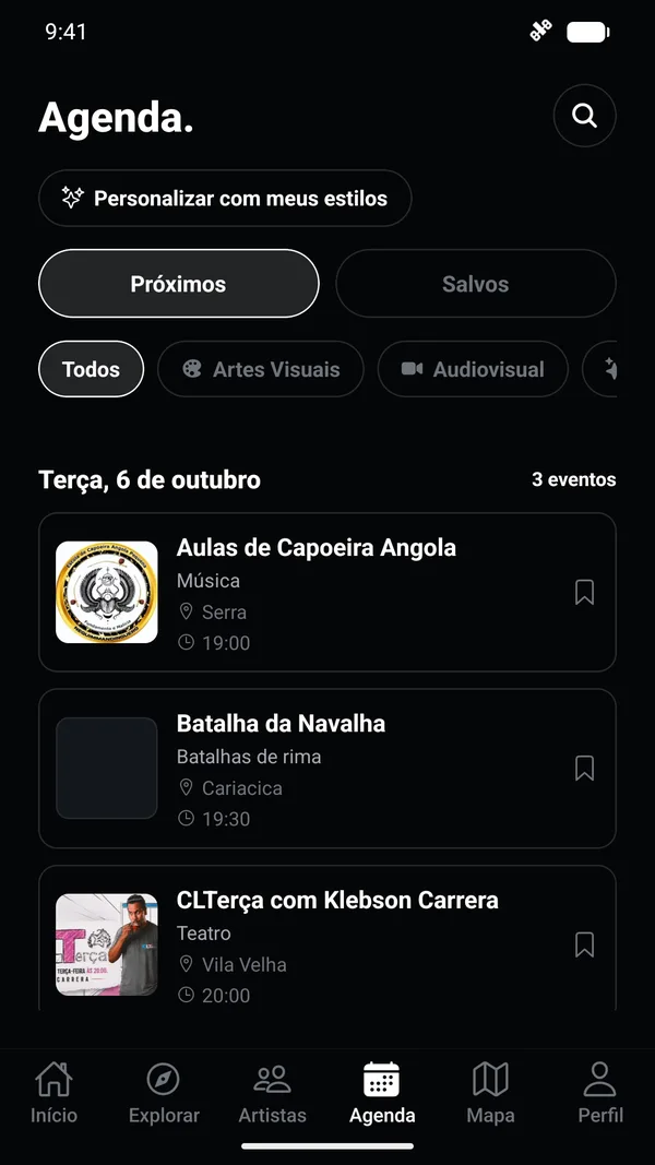 Agenda com eventos organizados por data
